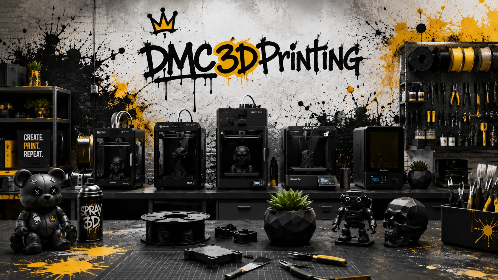 3D printing workshop with printers and finished parts